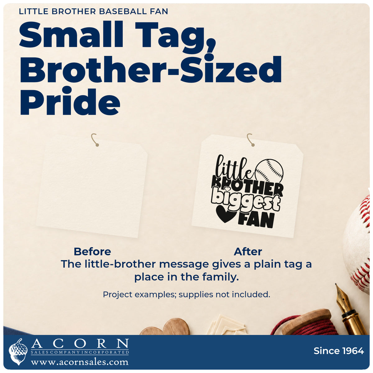 Little Brother Baseball Fan Wood Handle Stamp adding the finishing touch to handmade gifts and packaging.