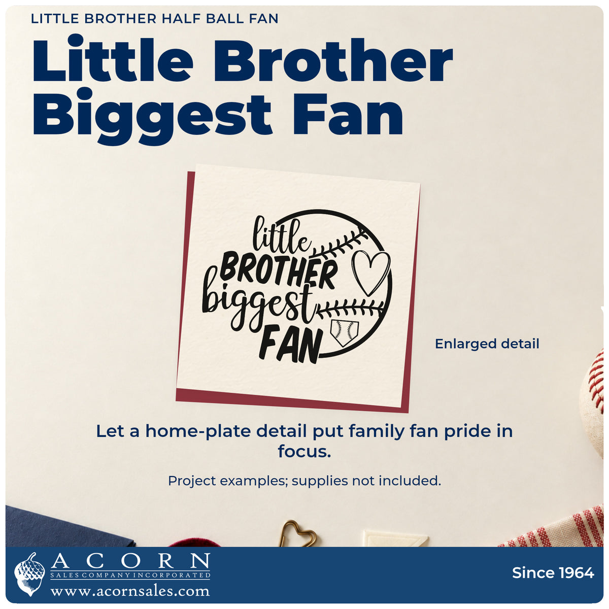 Little Brother Half Ball Fan Baseball Heart Craft Stamp – Self-Inking design shown close up for craft and DIY project inspiration.