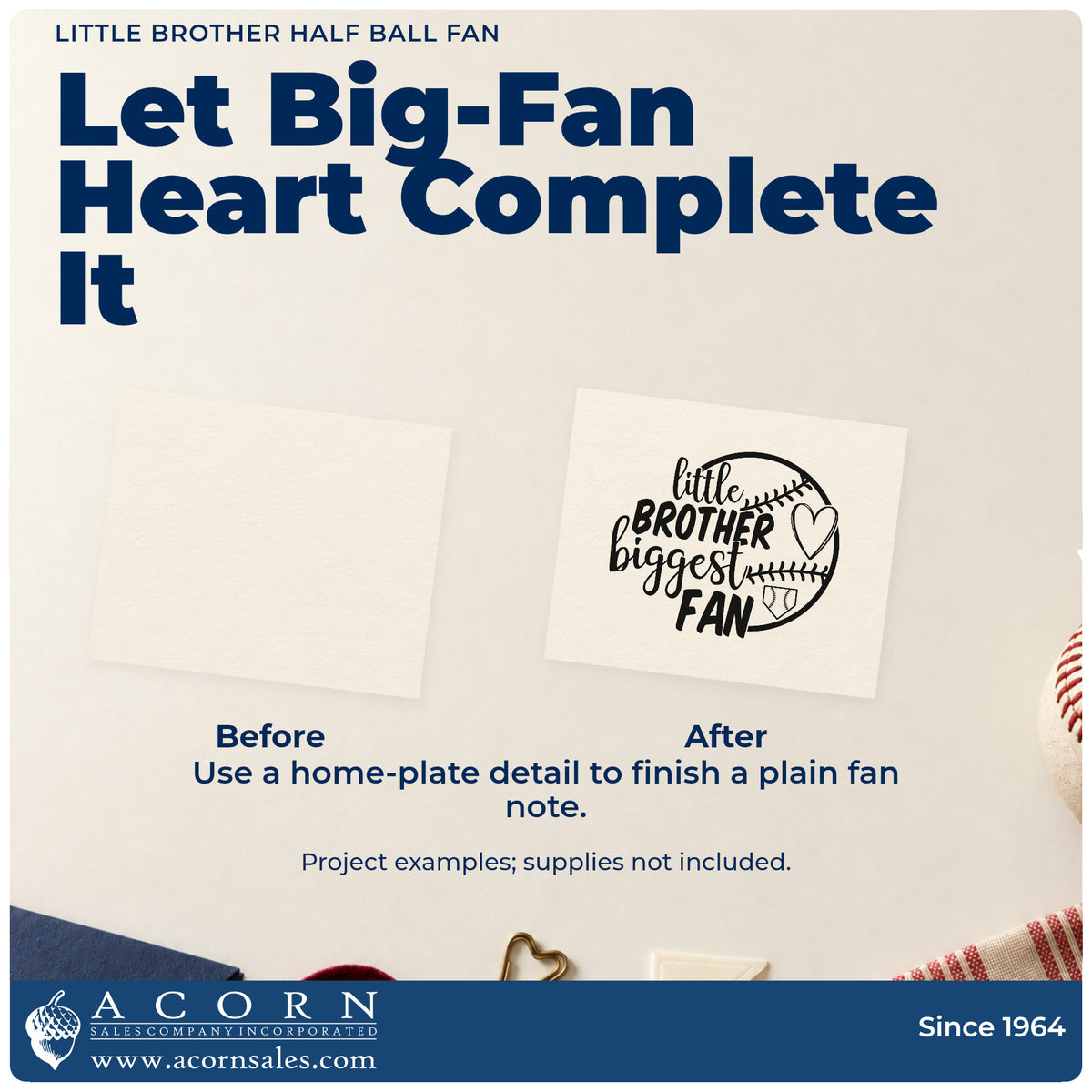 Little Brother Half Ball Fan Baseball Heart Craft Stamp – Self-Inking adding the finishing touch to handmade gifts and packaging.