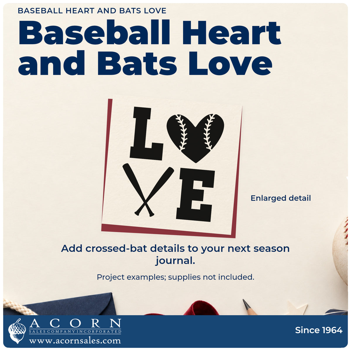 Love With Baseball Heart And Crossed Bats Wood Handle Stamp design shown close up for craft and DIY project inspiration.