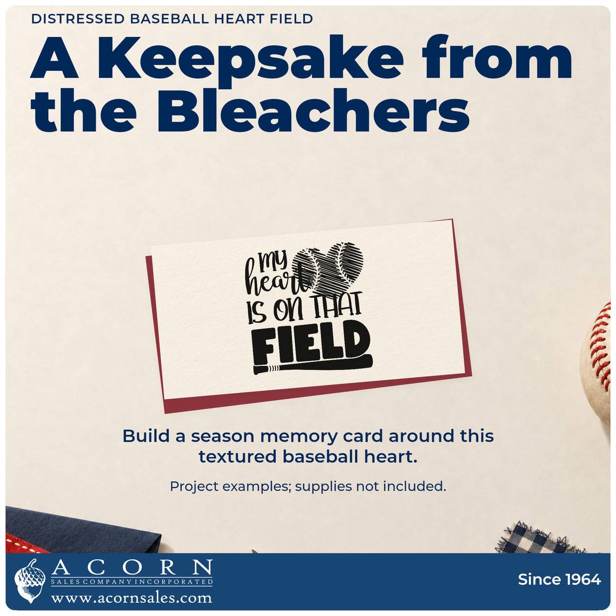 A finished handmade project stamped with the Distressed Baseball Heart Field PSI Pre-Inked Stamp, ideal for farmhouse wall art.