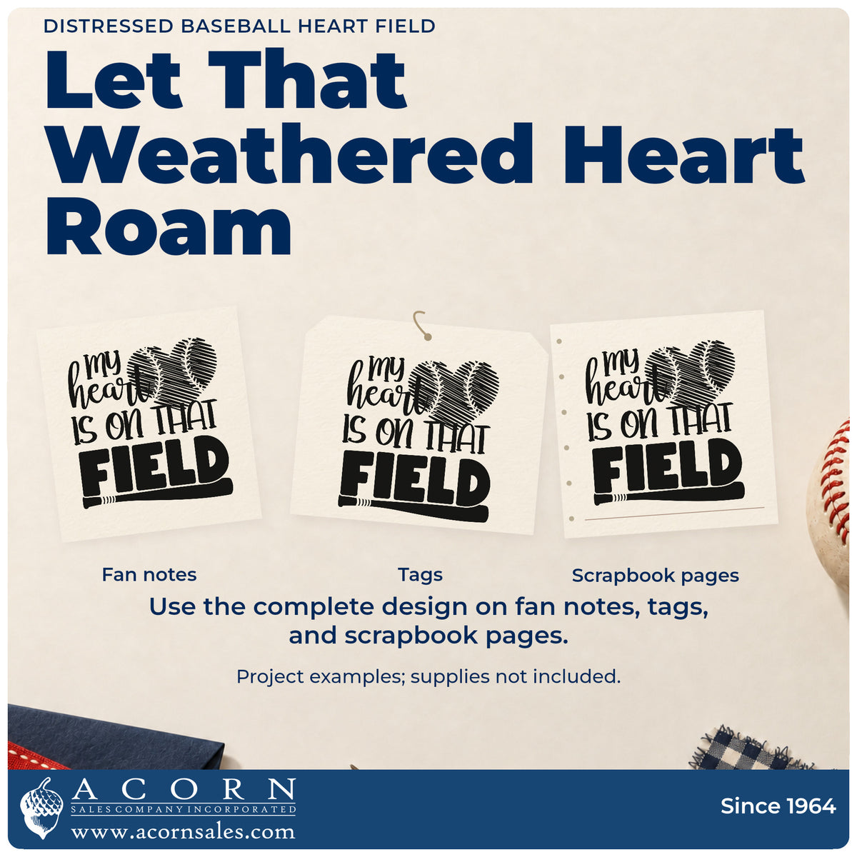 Three project examples made with the Distressed Baseball Heart Field PSI Pre-Inked Stamp, including senior night frames.