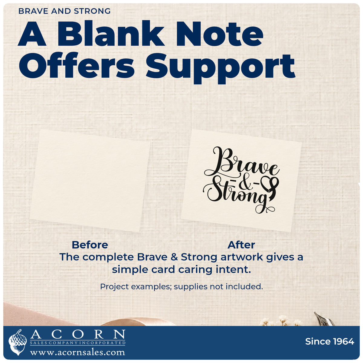 Before and after of a plain item finished with the Brave & Strong Awareness Ribbon Premium Wooden Stamp - Vintage Pro, a quick upgrade for fundraiser table signs.