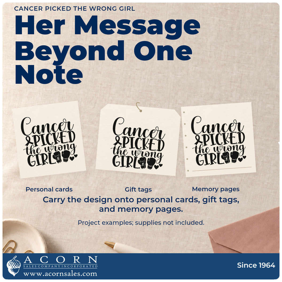 Three project examples made with the Cancer Picked The Wrong Girl Self-Inking Stamp, including treatment journal covers.