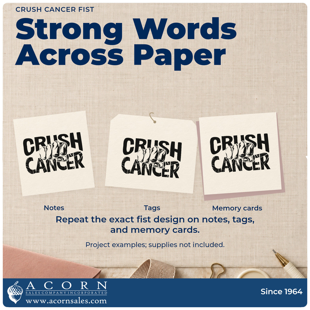 Three project examples made with the Crush Cancer Fist Rubber Stamp – Duo Hand, including benefit walk banners.
