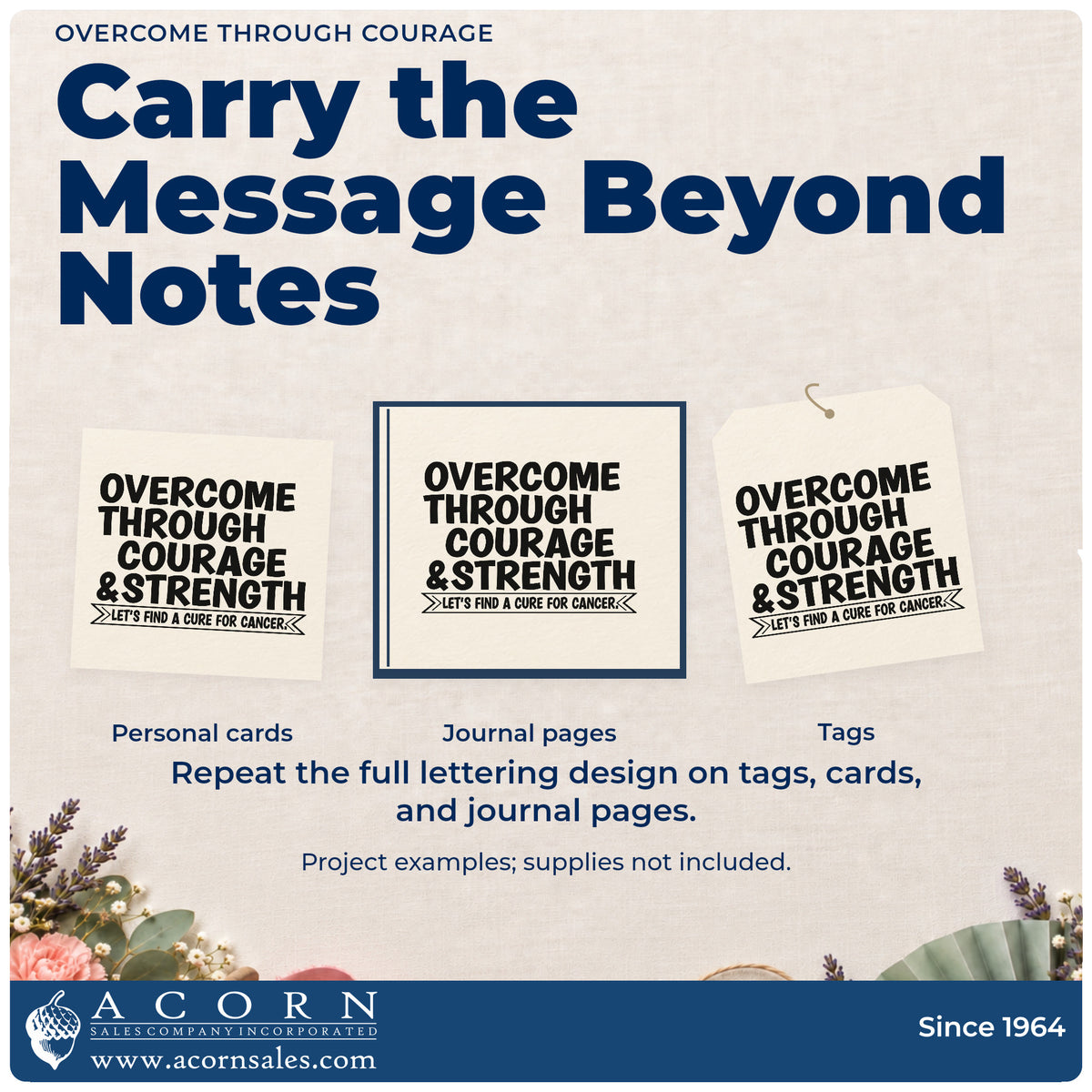 Three project examples made with the Overcome Through Courage PSI Pre-Inked Stamp, including scrapbook milestone pages.