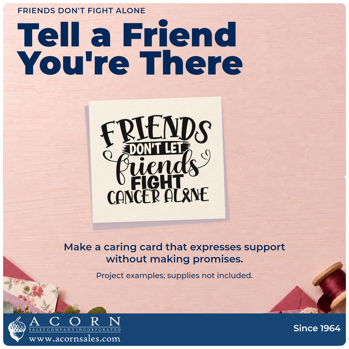 A finished handmade project stamped with the Friends Don't Let Friends Fight Cancer Alone Slim Pre-Inked Stamp, ideal for support crew tees.