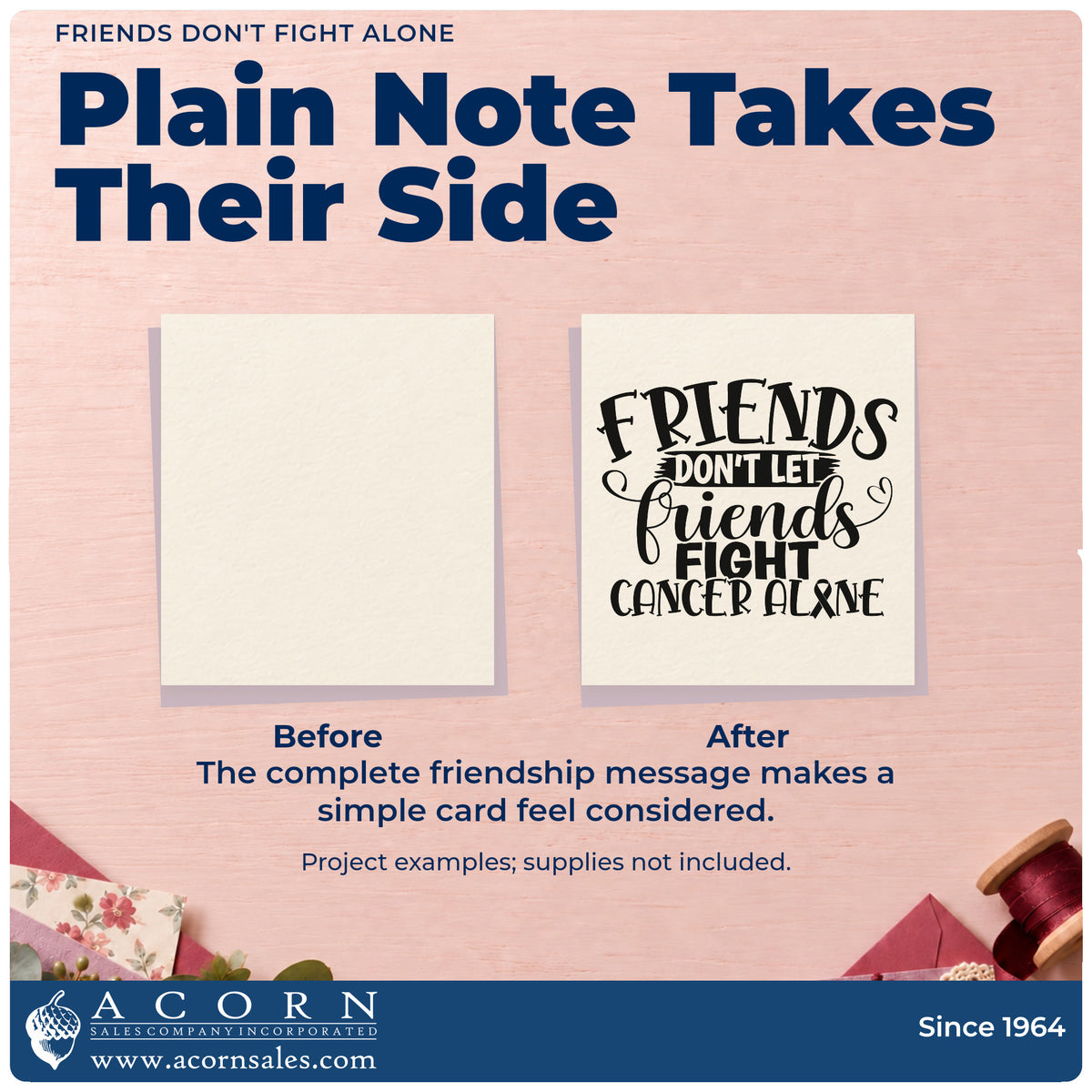 Before and after of a plain item finished with the Friends Don't Let Friends Fight Cancer Alone Slim Pre-Inked Stamp, a quick upgrade for group gift tags.
