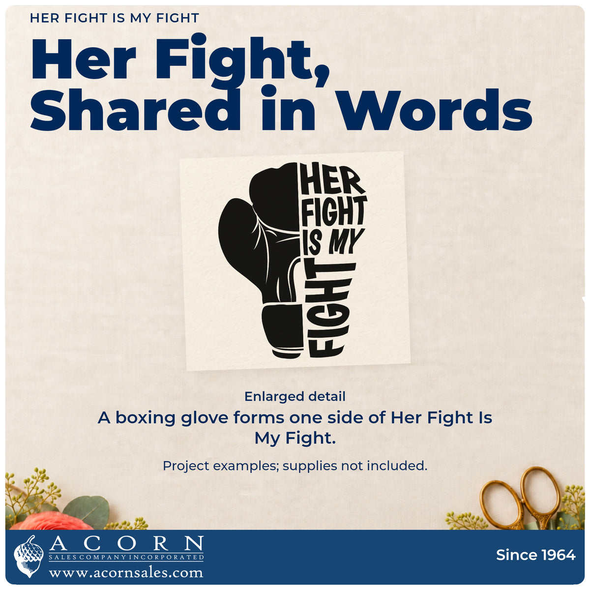 Enlarged detail of the Her Fight Is My Fight Rubber Stamp – Duo Hand imprint. A solid boxing glove forms one side of a design reading "Her fight is my fight."