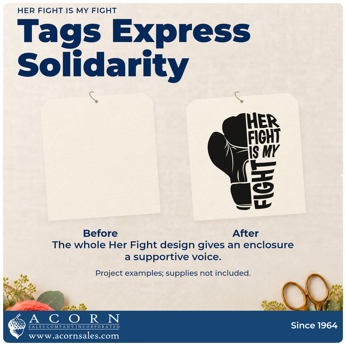 Before and after of a plain item finished with the Her Fight Is My Fight Rubber Stamp – Duo Hand, a quick upgrade for care package tags.