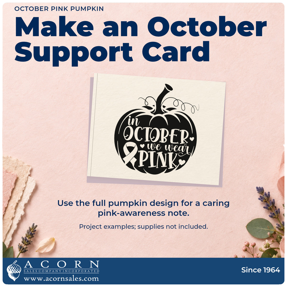 A finished handmade project stamped with the October Pink Pumpkin Awareness Ribbon Rubber Stamp – Wood Handle, ideal for pumpkin patch signs.