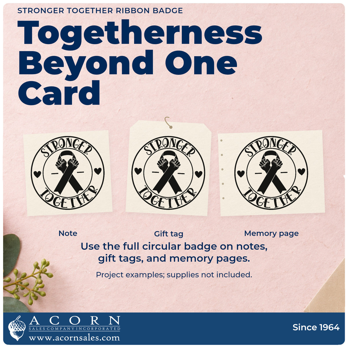 Three project examples made with the Stronger Together Ribbon Badge Premium Wood-Mounted Stamp - Vintage Pro, including scrapbook team pages.