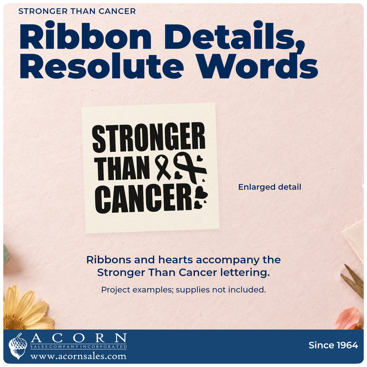 Enlarged detail of the Pre-Inked Stronger Than Cancer Awareness Ribbon Stamp – PSI imprint. Bold stacked "Stronger than cancer" lettering is accompanied by awareness ribbons and small hearts.