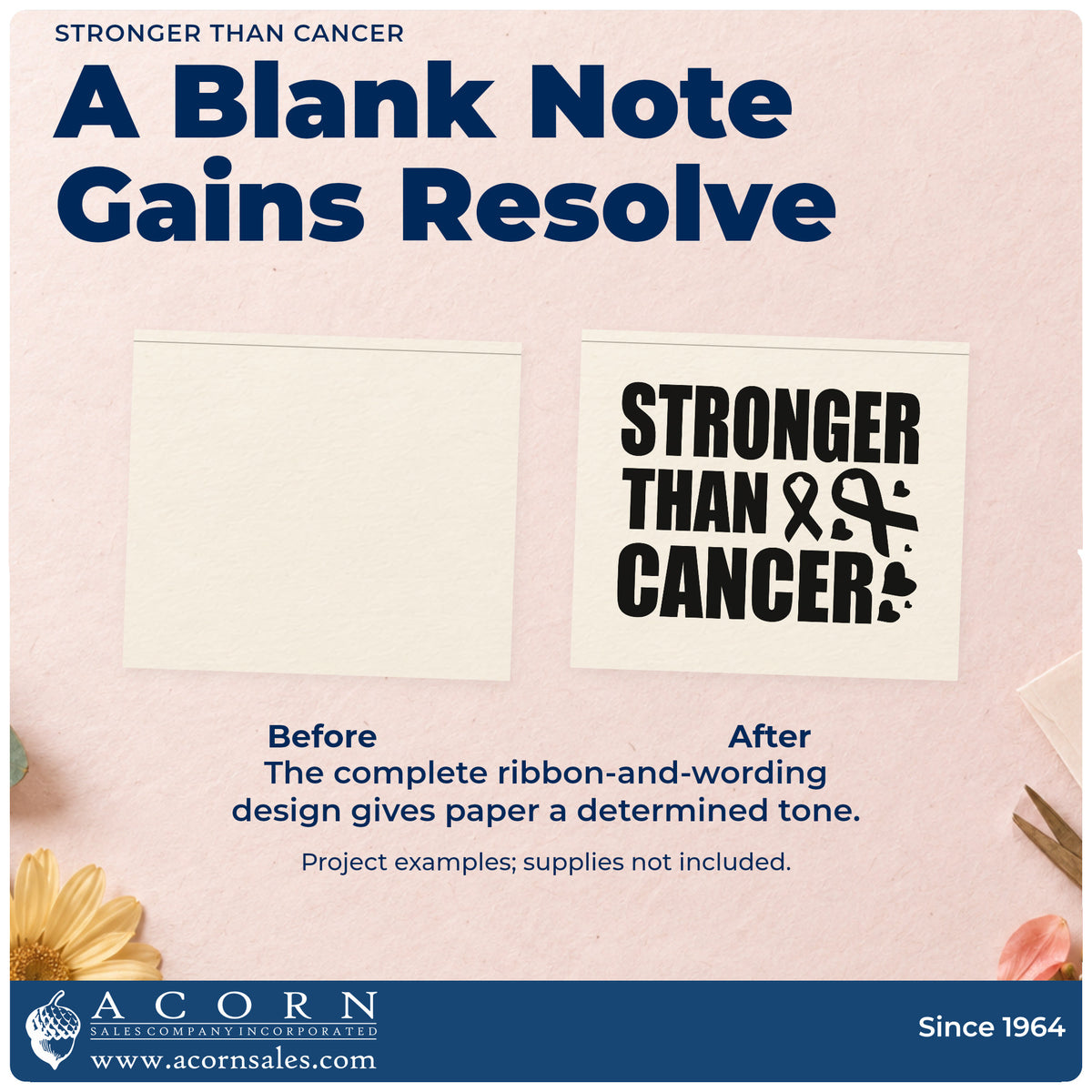 Before and after of a plain item finished with the Stronger Than Cancer Awareness Ribbon Pre-Inked Stamp – Slim, a quick upgrade for care package tags.