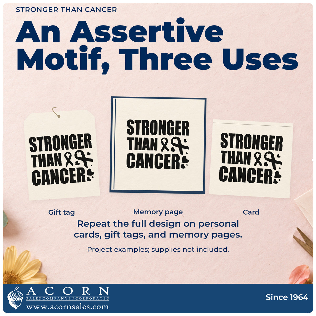 Three project examples made with the Stronger Than Cancer Awareness Ribbon Pre-Inked Stamp – Slim, including scrapbook milestone pages.