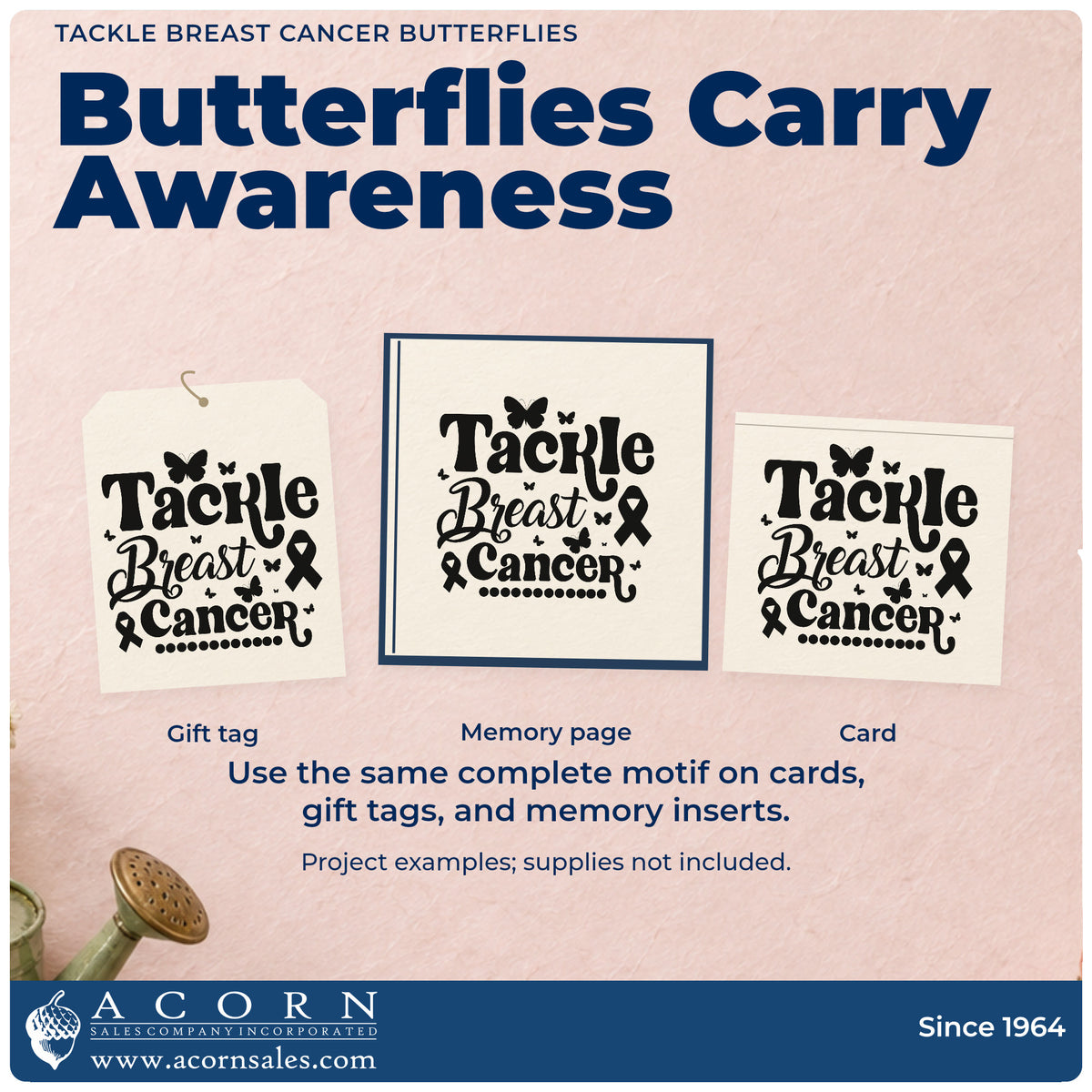 Three project examples made with the Tackle Breast Cancer Butterflies PSI Pre-Inked Stamp, including release ceremony tags.
