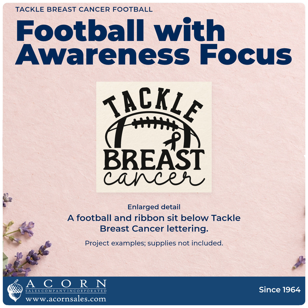 Enlarged detail of the PSI Pre-Inked Tackle Breast Cancer Football Awareness Ribbon Stamp imprint. A football and awareness ribbon accompany arched "Tackle breast cancer" lettering.