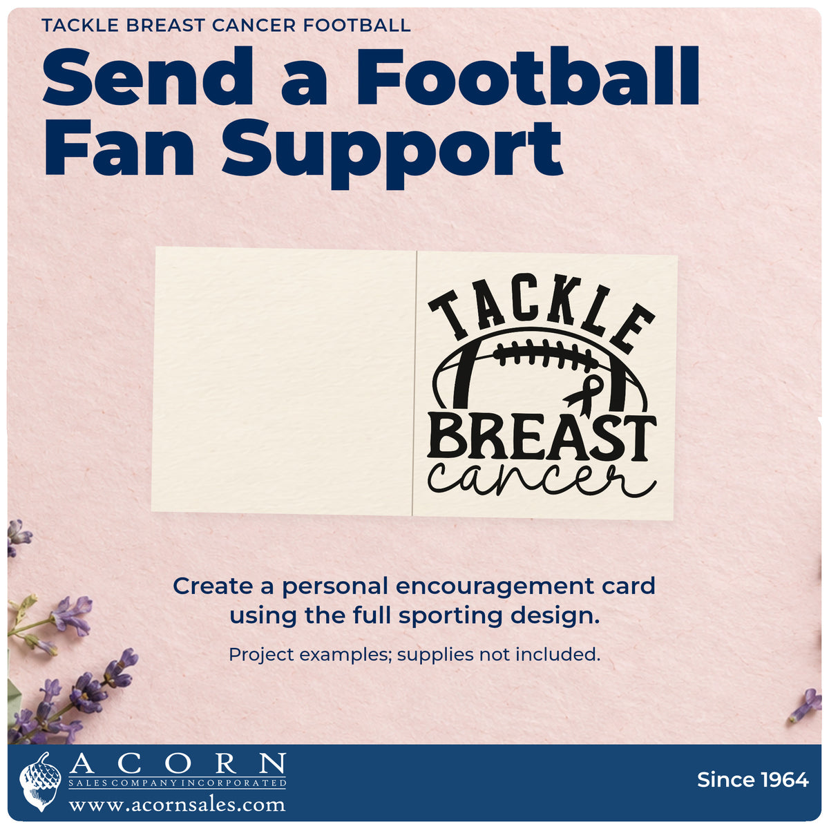 A finished handmade project stamped with the Tackle Breast Cancer Football Awareness Ribbon Rubber Stamp – Wood Handle, ideal for student section signs.