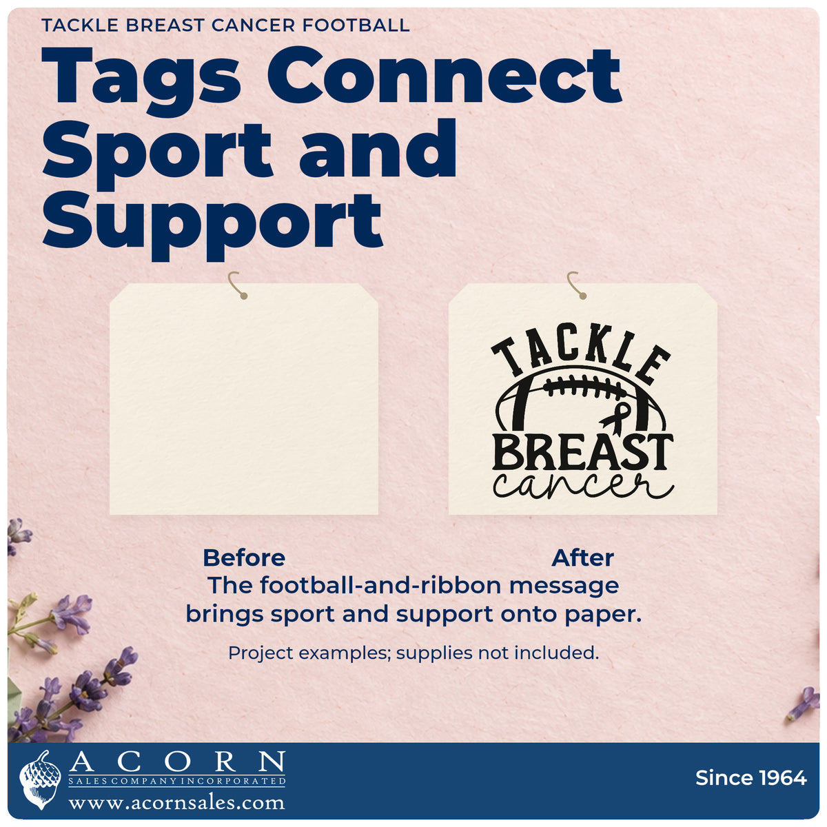 Before and after of a plain item finished with the Tackle Breast Cancer Football Awareness Ribbon Rubber Stamp – Wood Handle, a quick upgrade for player locker tags.