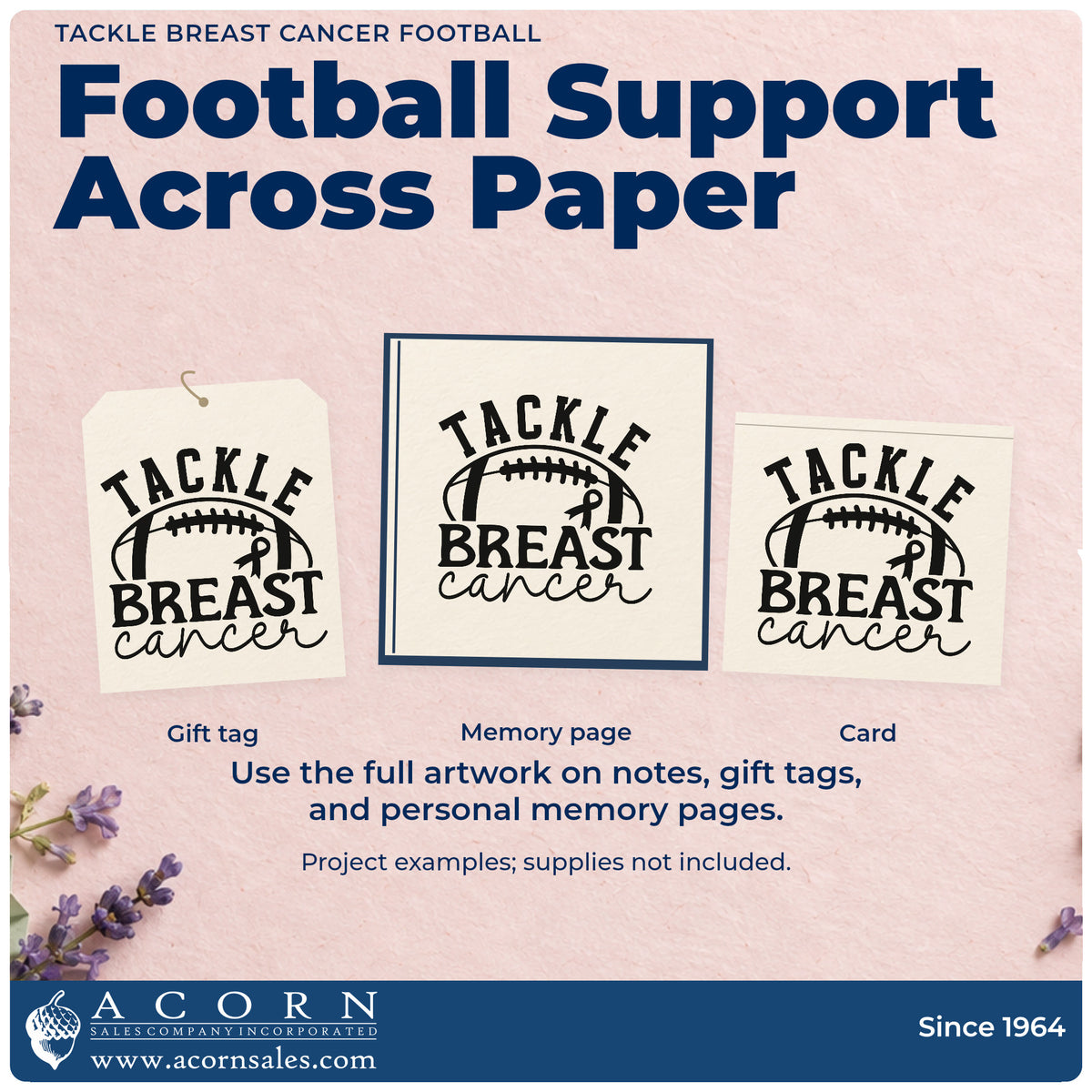 Three project examples made with the PSI Pre-Inked Tackle Breast Cancer Football Awareness Ribbon Stamp, including concession bag labels.