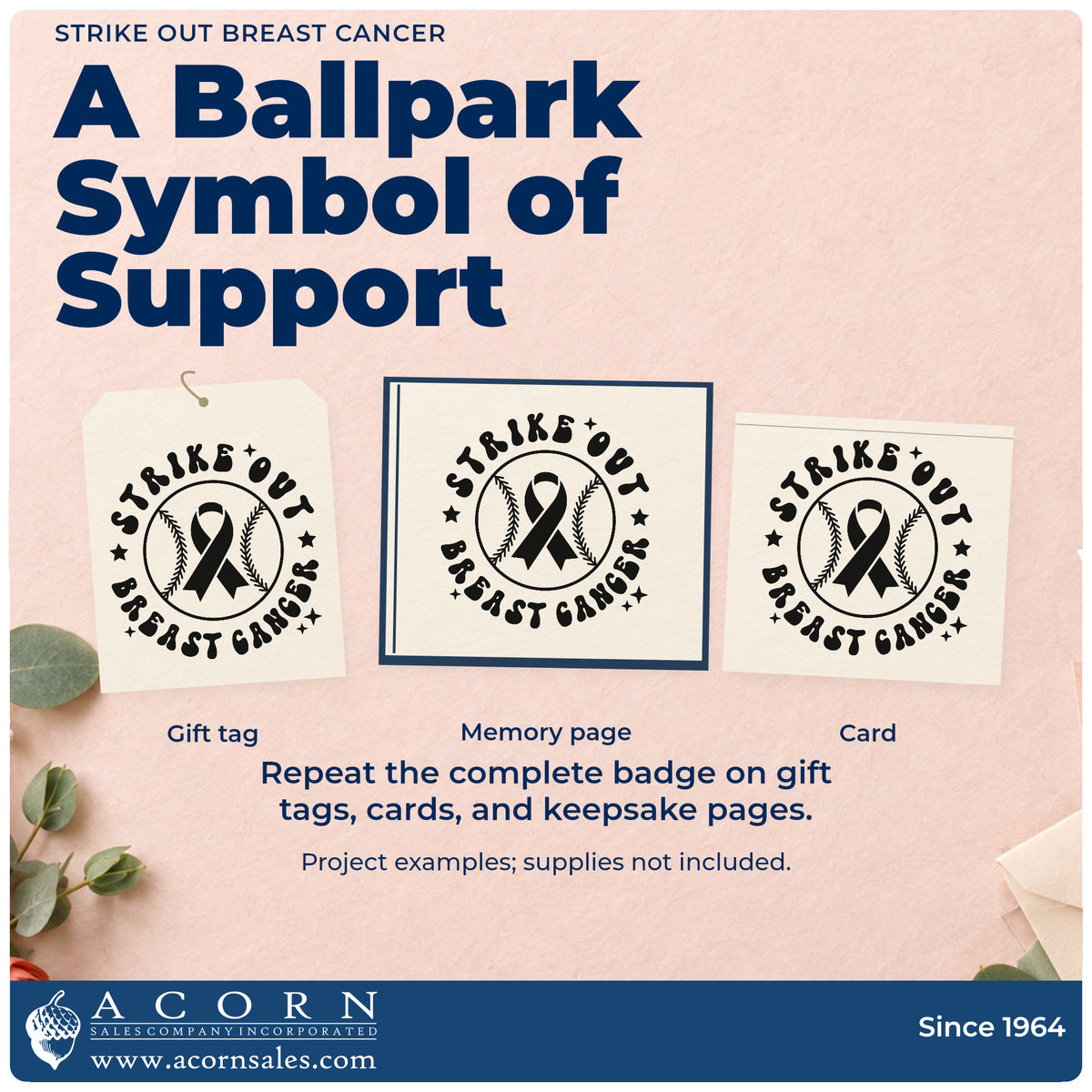 Three project examples made with the Slim Pre-Inked Strike Out Breast Cancer Stamp, including snack stand tags.