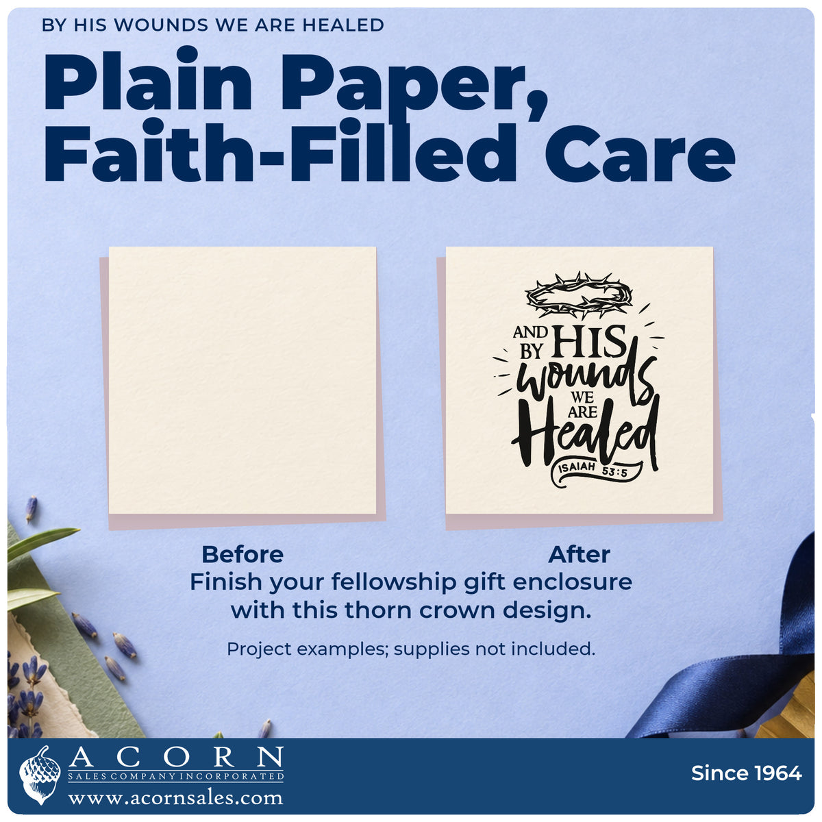 Before and after of a plain item finished with the And By His Wounds We Are Healed PSI Pre-Inked Stamp, a quick upgrade for care ministry notes.