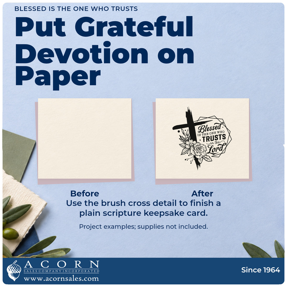 Before and after of a plain item finished with the Blessed Is The One Who Trusts Duo Hand Stamp, a quick upgrade for journal cover stamping.