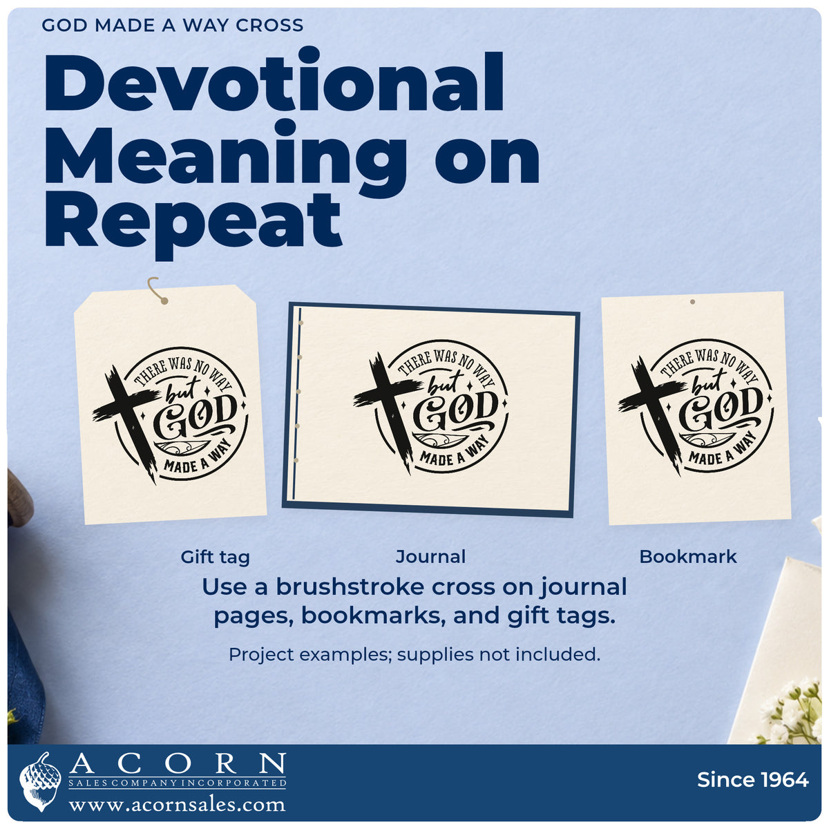 Three project examples made with the God Made A Way Cross Pre-Inked Stamp – Slim, including scrapbook journey pages.