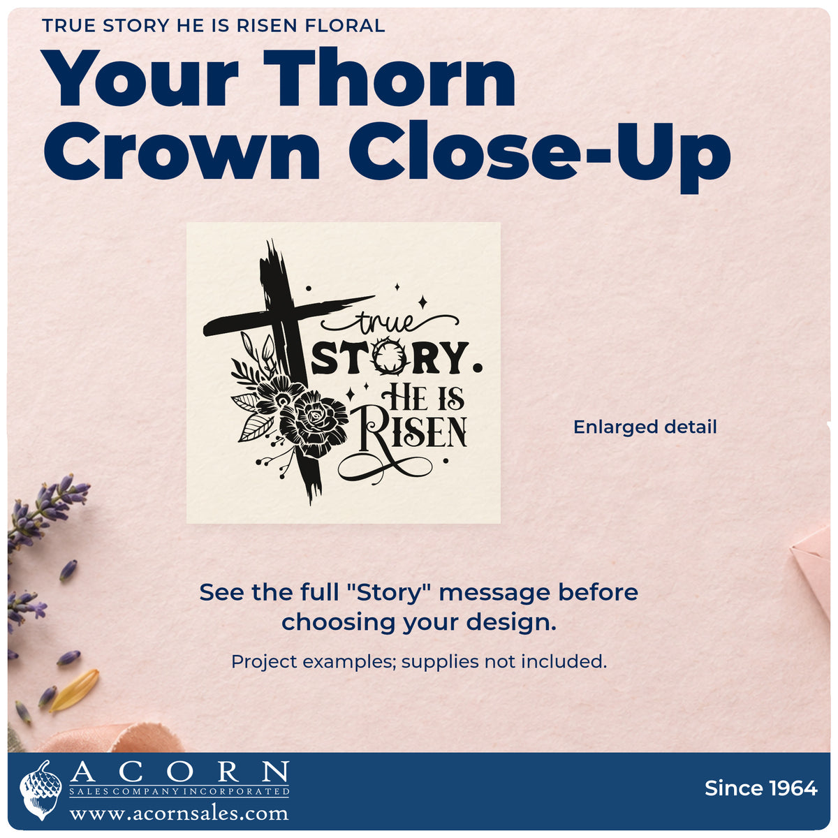 True Story He Is Risen Floral Slim Pre-Inked Stamp design shown close up for craft and DIY project inspiration.