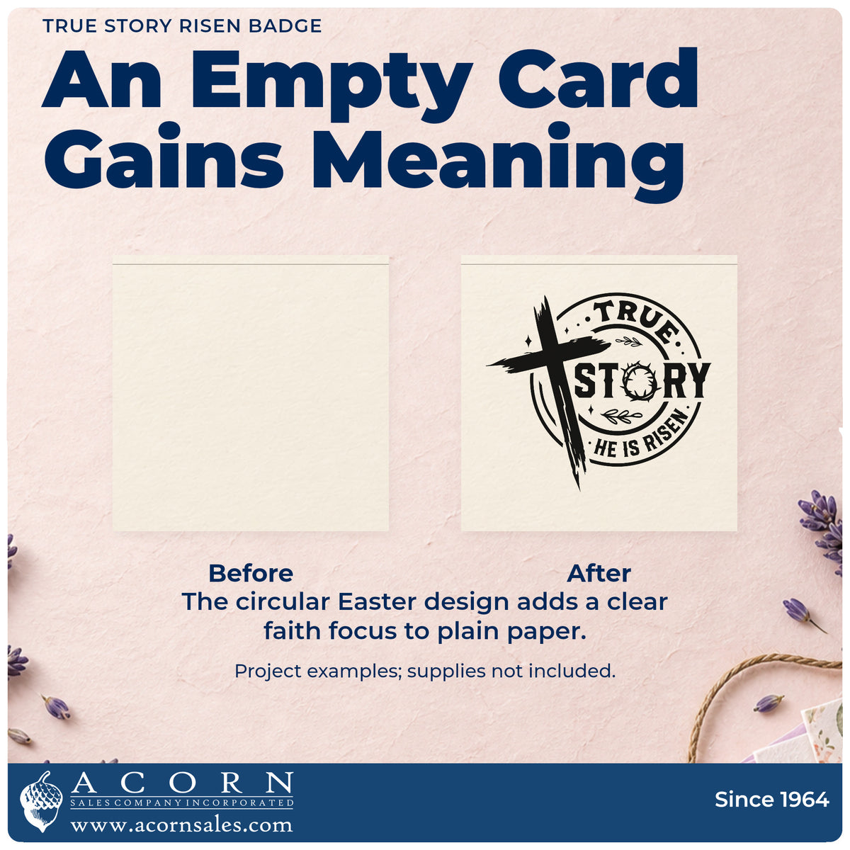 Before and after of a plain item finished with the True Story, He Is Risen Pre-Inked Stamp – Slim, a quick upgrade for church outreach cards.