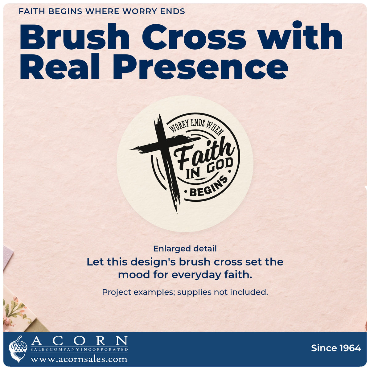 Worry Ends Where Faith In God Begins Brushstroke Cross Hand Stamp – Duo design shown close up for craft and DIY project inspiration.