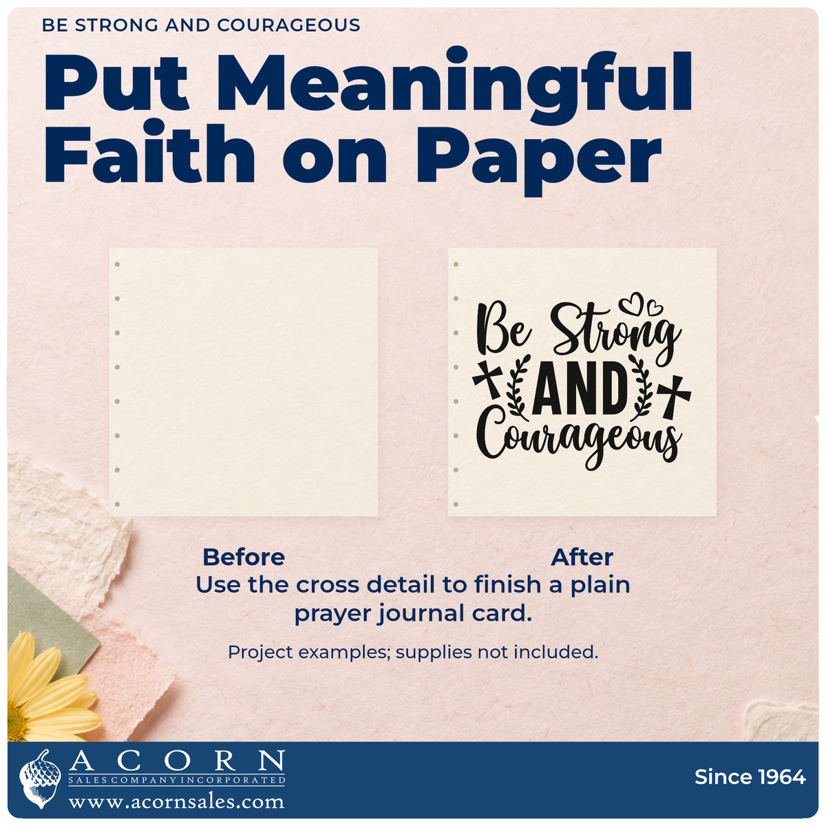 Before and after of a plain item finished with the Be Strong And Courageous With Cross Craft Stamp – Self-Inking, a quick upgrade for surgery care packages.