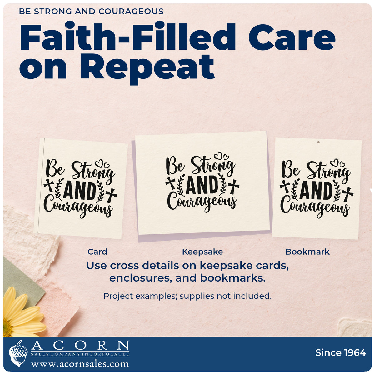 Three project examples made with the Be Strong And Courageous With Cross Craft Stamp – Self-Inking, including commencement wishes.