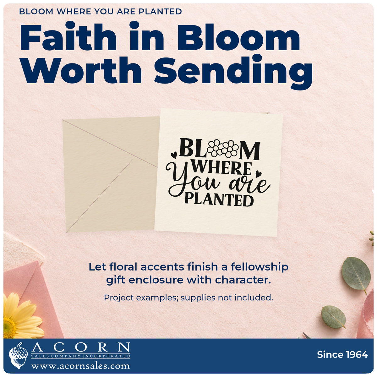 A finished handmade project stamped with the Bloom Where You Are Planted Floral Accents Slim Pre-Inked Stamp, ideal for military family gifts.