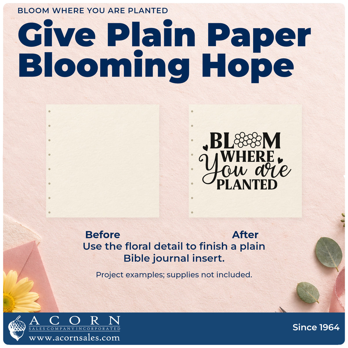 Before and after of a plain item finished with the Bloom Where You Are Planted Floral Accents Stamp - Premium Vintage Pro Wooden, a quick upgrade for scrapbook new home pages.
