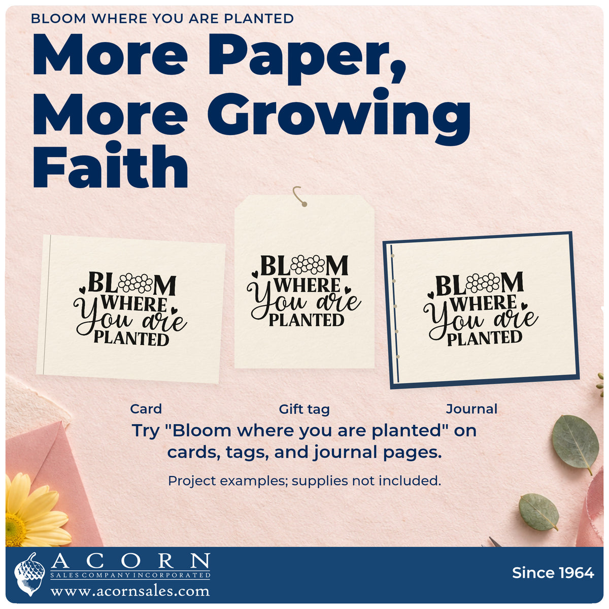 Three project examples made with the Bloom Where You Are Planted Floral Accents Slim Pre-Inked Stamp, including garden plant markers.