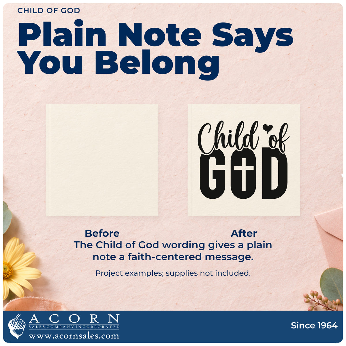 Before and after of a plain item finished with the Child Of God Pre-Inked Stamp – PSI, a quick upgrade for newborn scrapbooks.