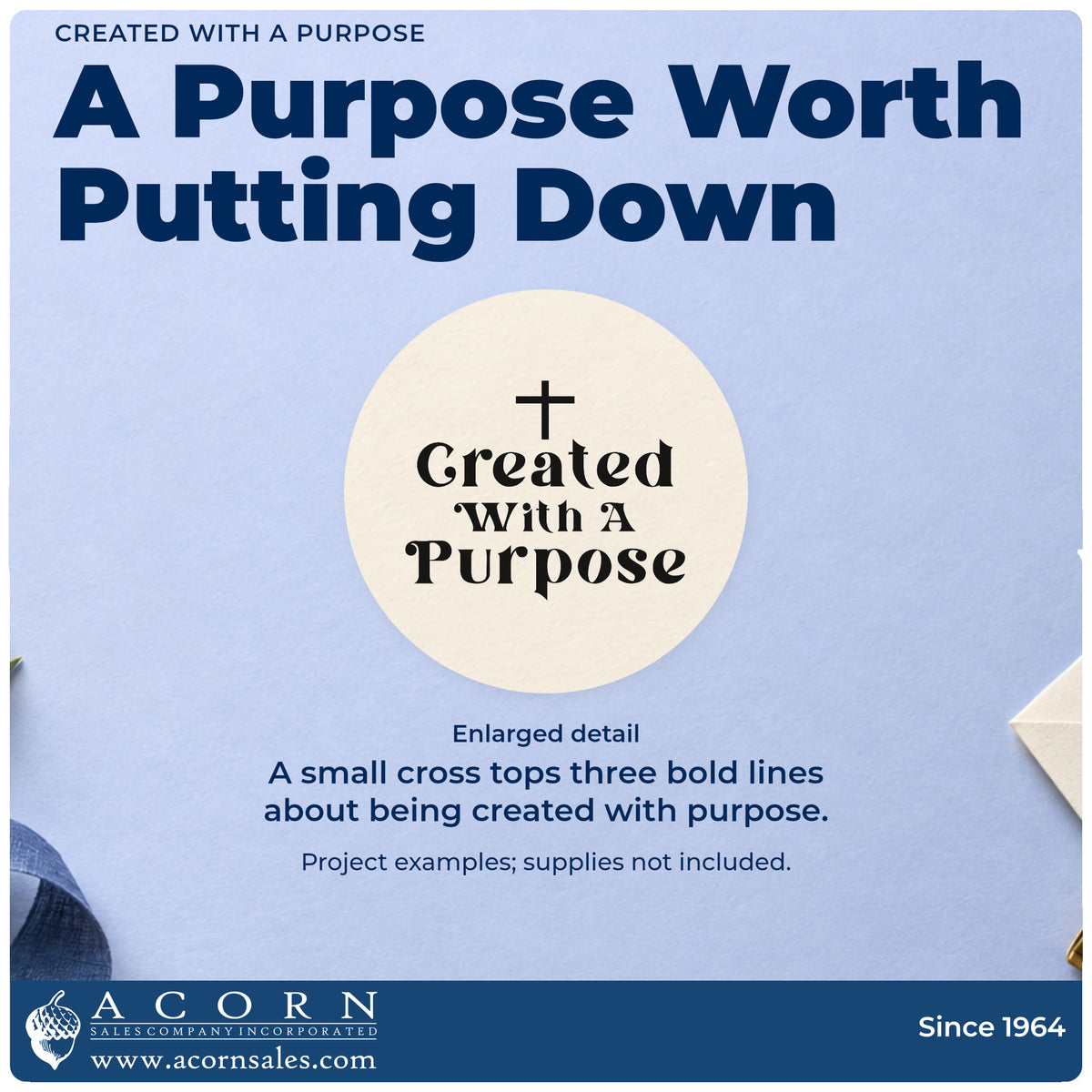 Enlarged detail of the Created With A Purpose With Cross Self-Inking Stamp imprint. A small cross tops three lines of bold serif lettering reading "Created with a purpose."