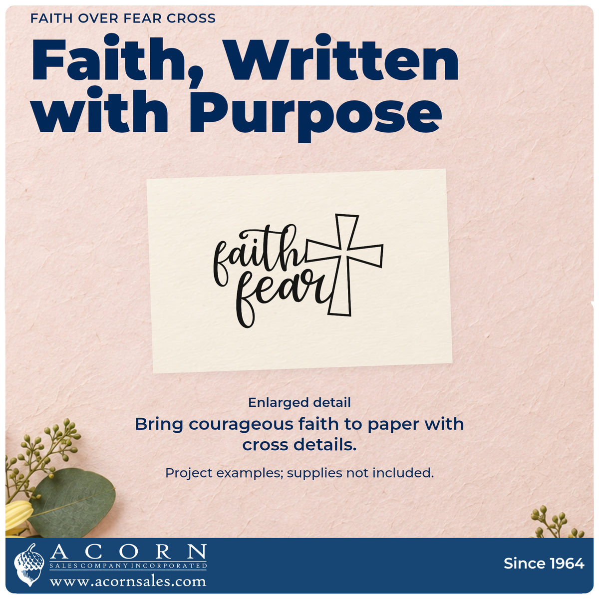 Enlarged detail of the Faith Over Fear Cross Slim Pre-Inked Stamp imprint. Flowing "Faith" and "Fear" lettering sits beside a large outlined cross.
