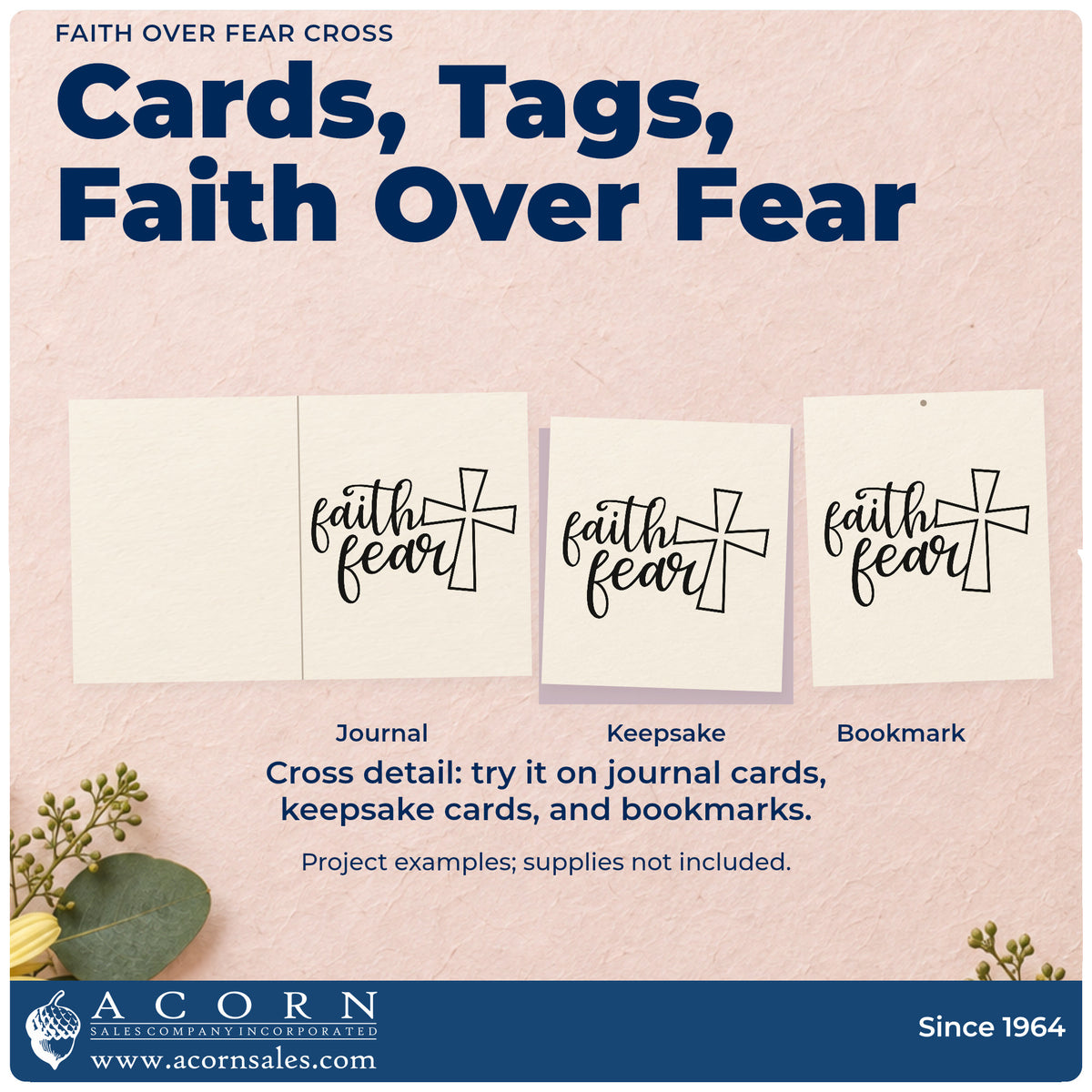 Three project examples made with the Faith Over Fear Cross Stamp – PSI Pre-Inked, including canvas totes.