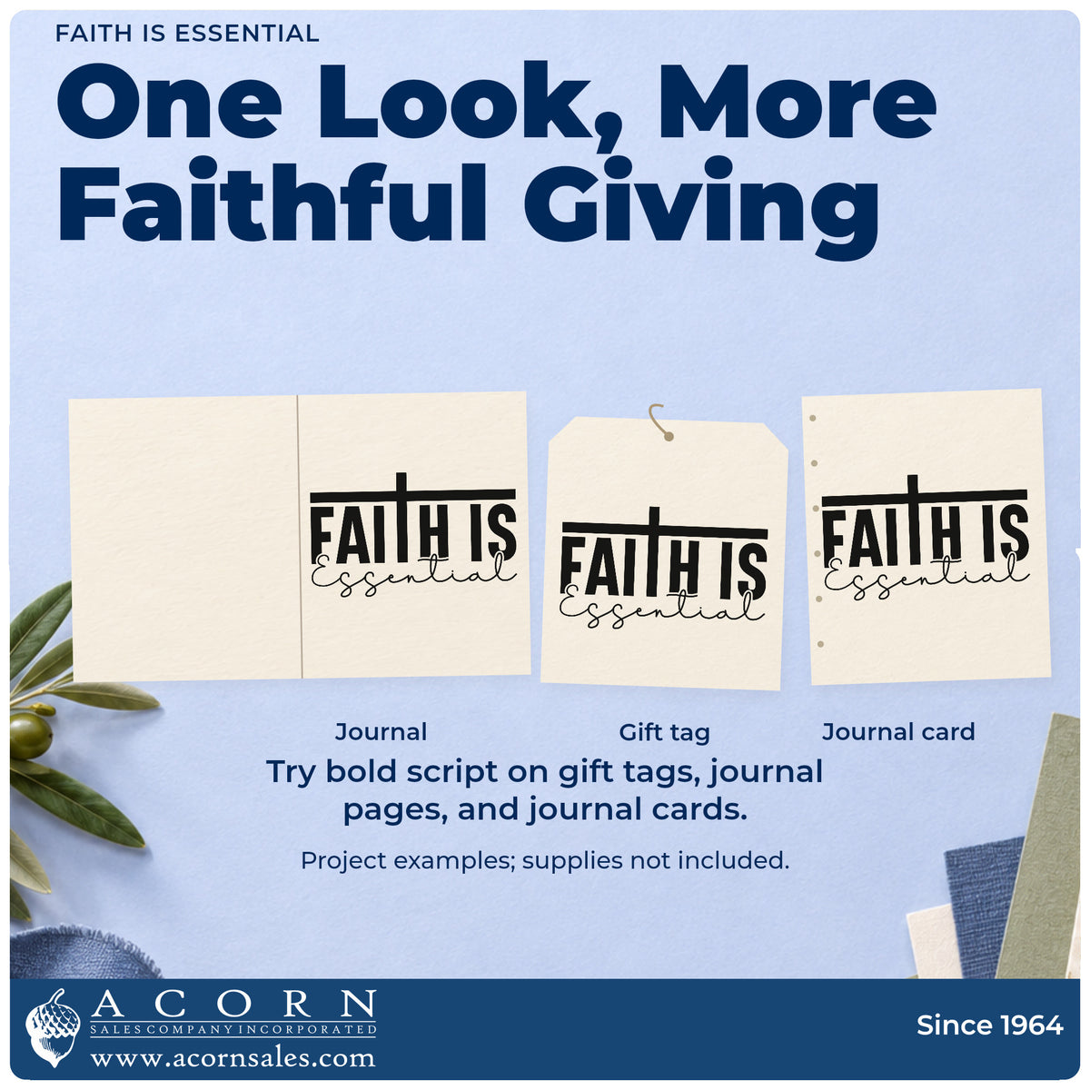 Three project examples made with the Faith Is Essential Script Lettering Stamp – Slim Pre-Inked, including scrapbook title blocks.