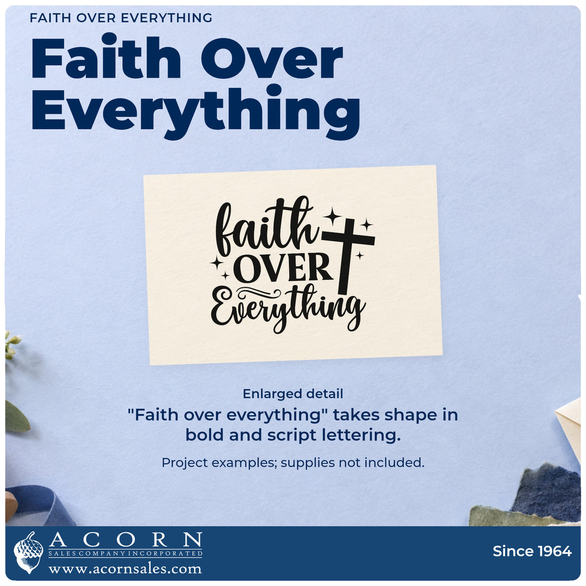 Faith Over Everything Self-Inking Stamp design shown close up for craft and DIY project inspiration.