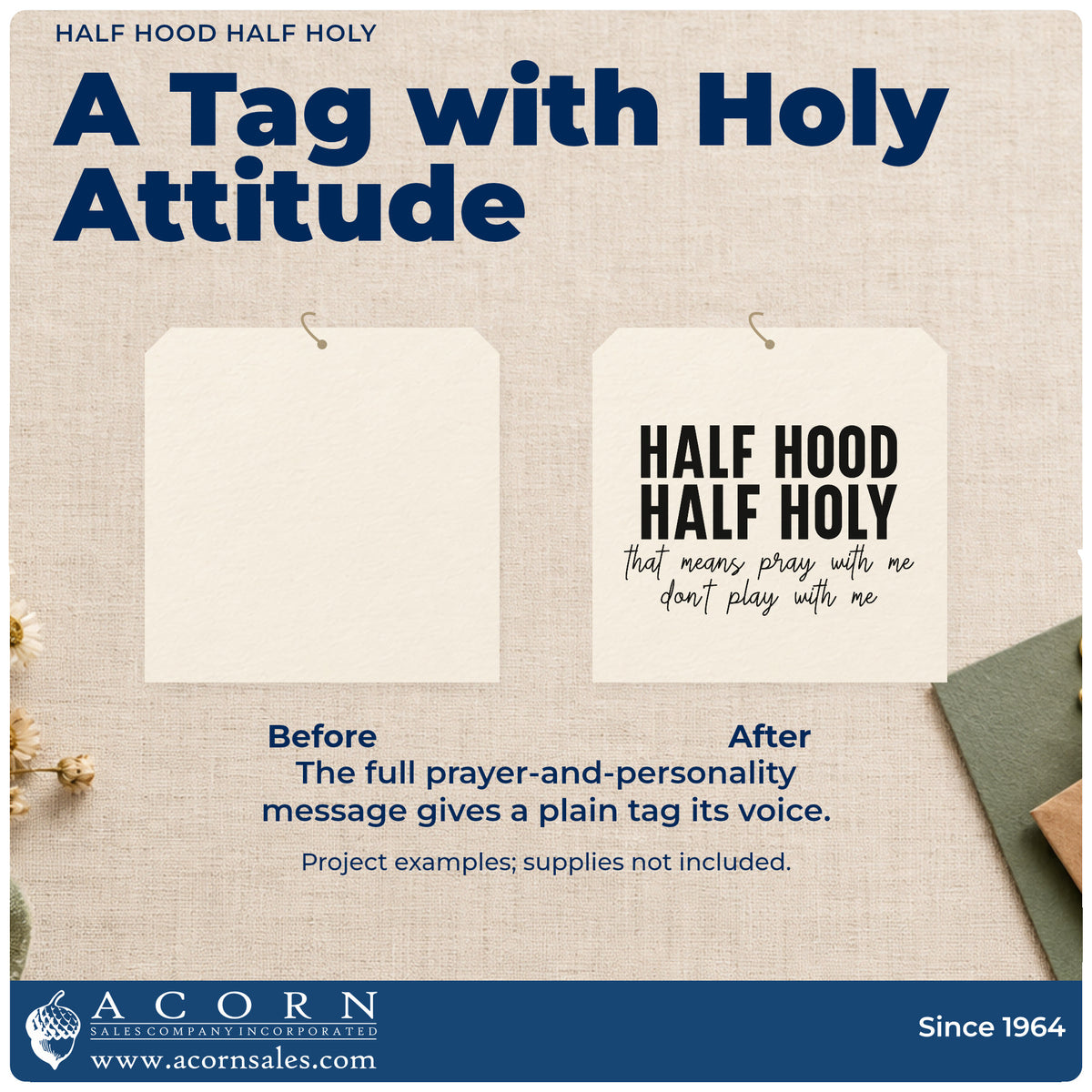 Before and after of a plain item finished with the Half Hood Half Holy Wood Handle Stamp, a quick upgrade for group chat gift sets.