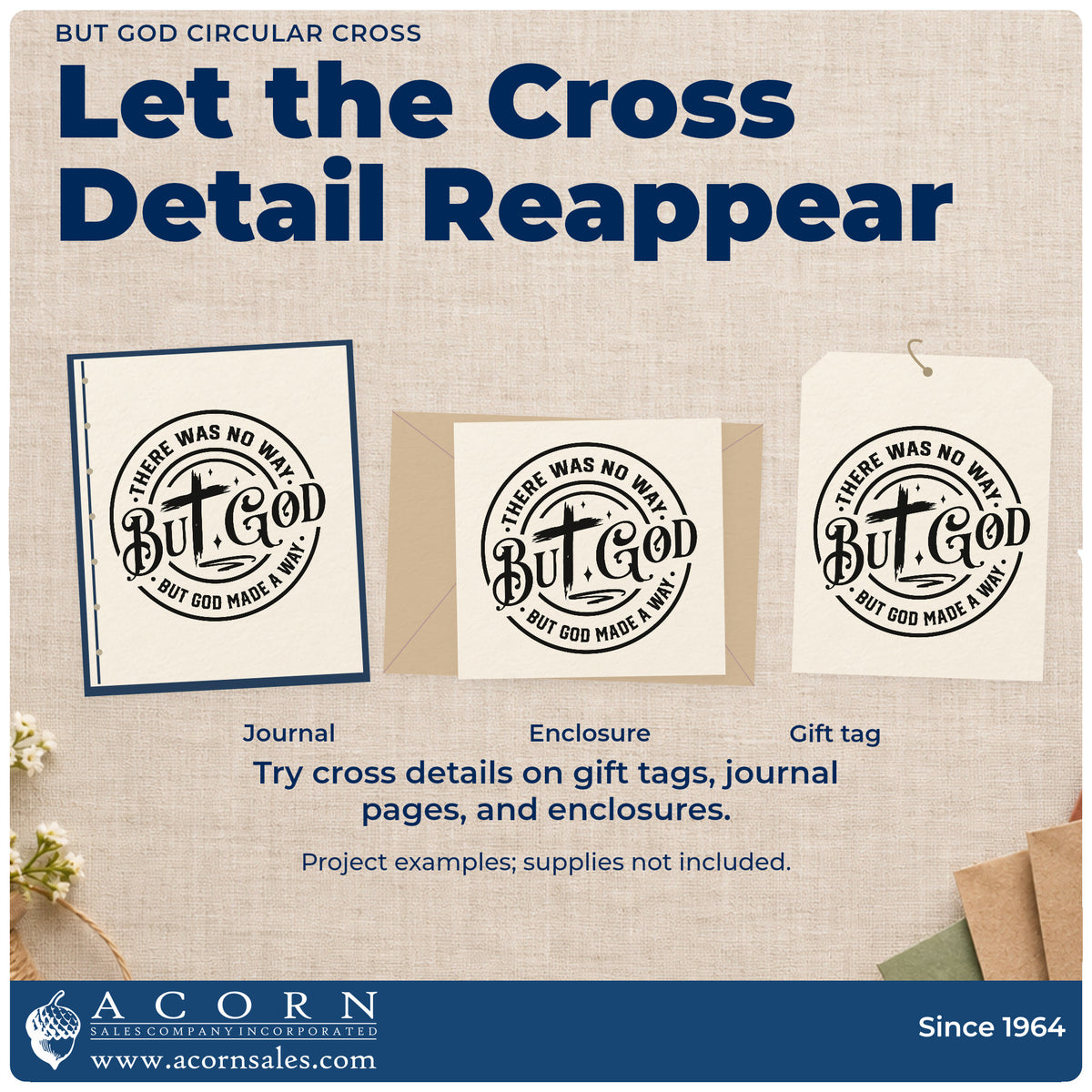Three project examples made with the Premium Wooden There Was No Way, But God Made A Way With Cross Stamp - Vintage Pro, including round label seals.