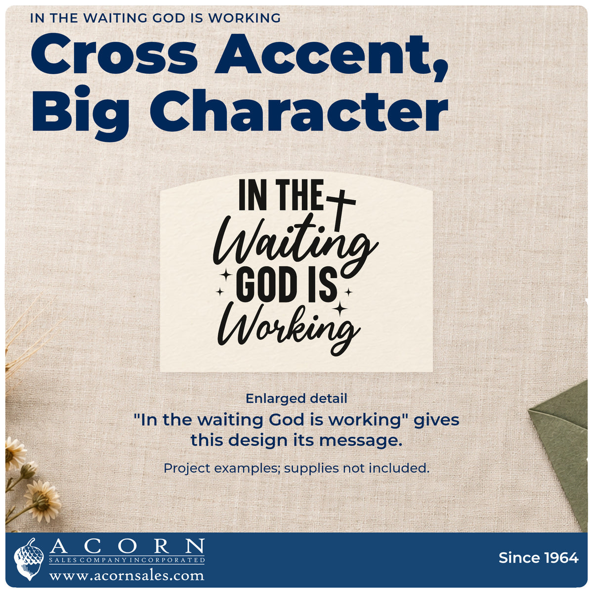 Enlarged detail of the Vintage Pro In The Waiting God Is Working Premium Wooden Stamp imprint. A cross and sparkles accent "In the waiting God is working."