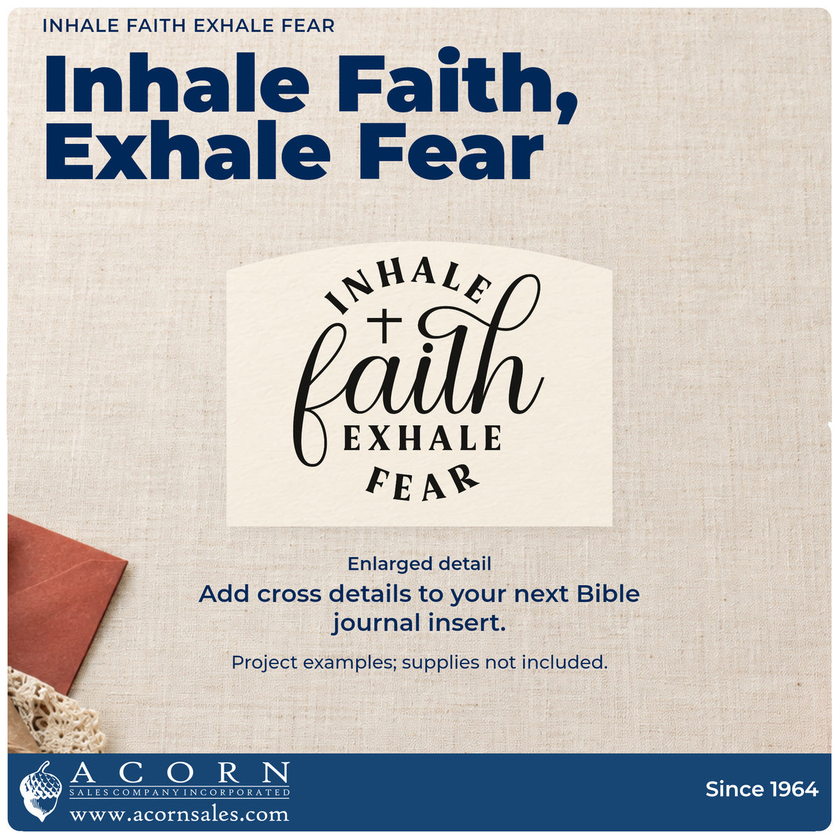 Inhale Faith, Exhale Fear With Cross Pre-Inked Stamp – Slim design shown close up for craft and DIY project inspiration.