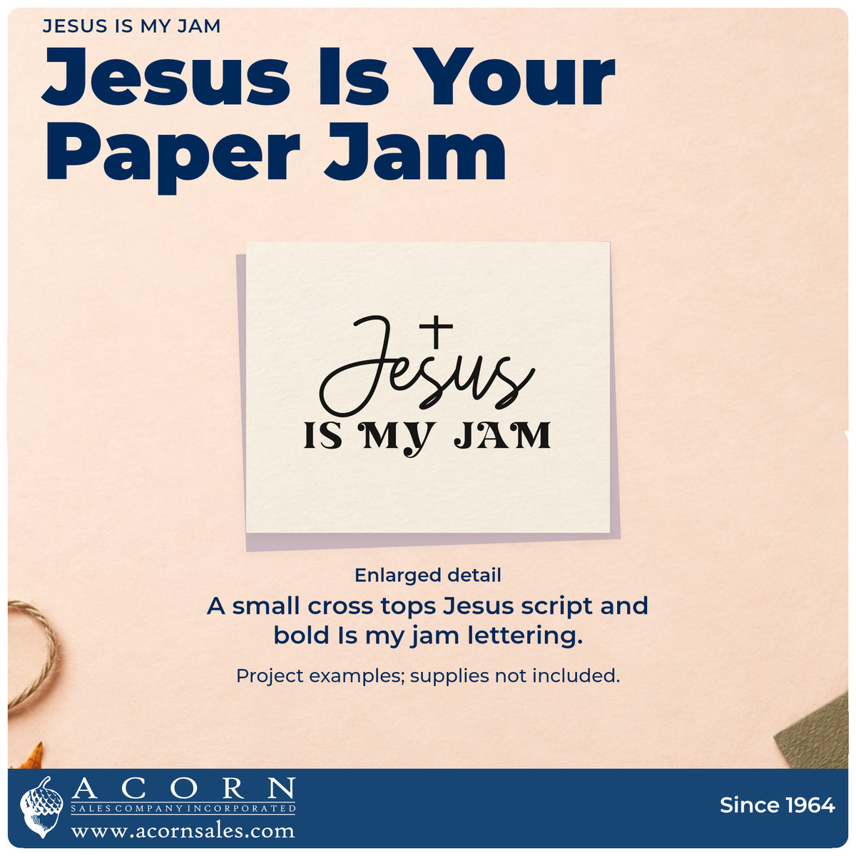 Enlarged detail of the Jesus Is My Jam With Cross Stamp – Self-Inking imprint. A small cross tops "Jesus" script and bold "Is my jam" lettering.