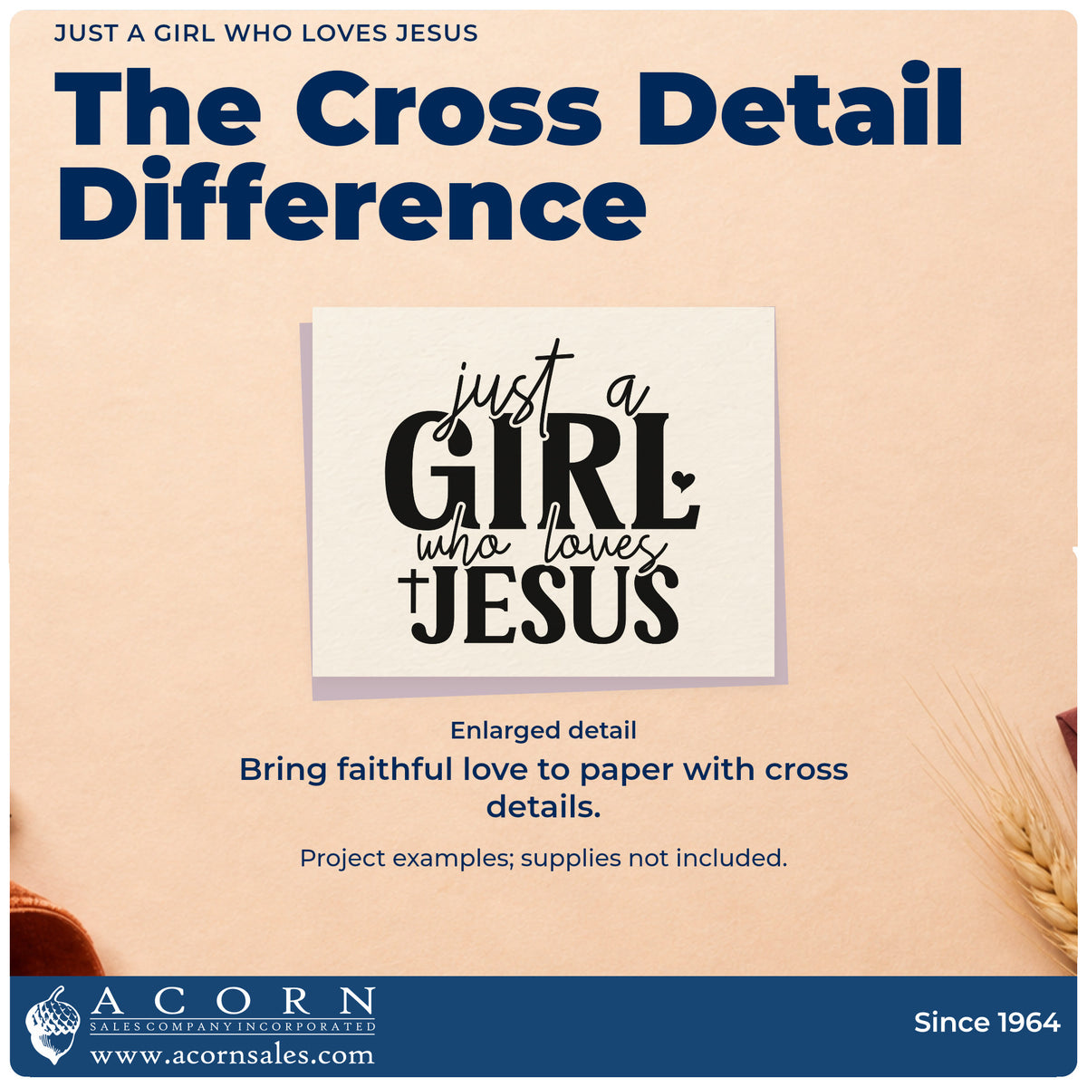 Enlarged detail of the Just A Girl Who Loves Jesus With Cross Hand Stamp – Duo imprint. Mixed lettering reads "Just a girl who loves Jesus," with a cross and small hearts.