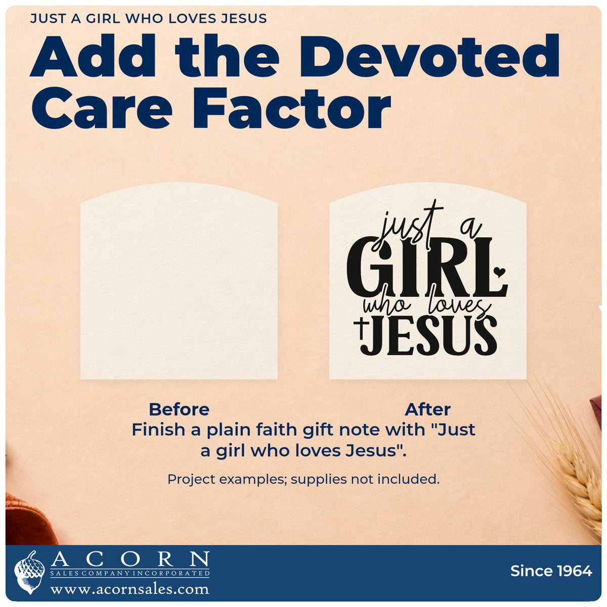 Before and after of a plain item finished with the Just A Girl Who Loves Jesus With Cross Hand Stamp – Duo, a quick upgrade for hair bow gift cards.