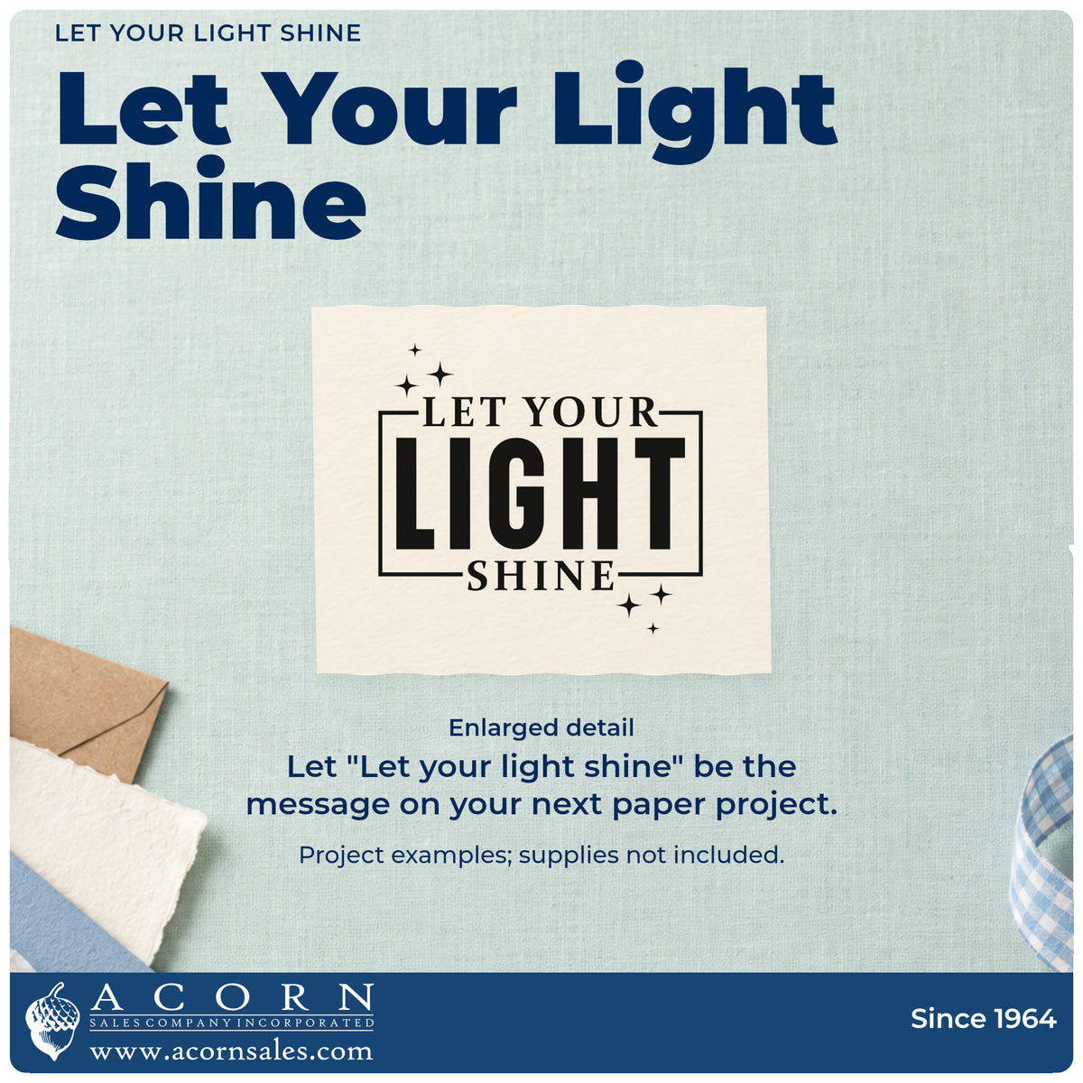 Enlarged detail of the Let Your Light Shine With Sparkles Stamp – Self-Inking imprint. A partial rectangular frame and sparkles surround "Let your light shine," emphasizing "Light."